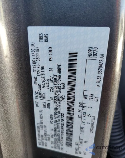 2022 Ford F150 Supercrew z USA, uszkodzony, nr VIN 1FTEW1C83NKD79132